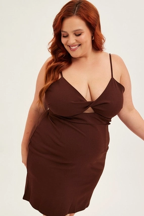 Inner Glow Contrasting Detail Brown Midi Dress Shoestring Strap Fitted Stretch Crepe