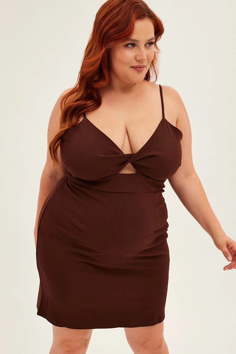 Classic and Modern Seasonal Comfort Brown Midi Dress Shoestring Strap Fitted Stretch Crepe