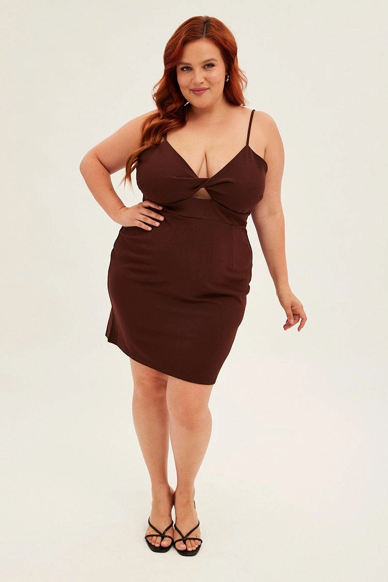 Brown Midi Dress Shoestring Strap Fitted Stretch Crepe Free Step