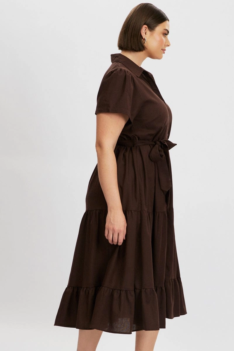 Brown Midi Dress Short Sleeve Shirt Soft Curve Neutral Look