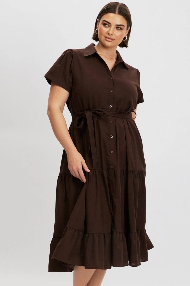 Brown Midi Dress Short Sleeve Shirt Timeless Style Church Proper