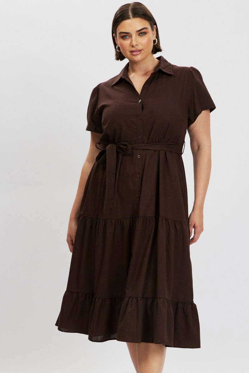 Professional Look Brown Midi Dress Short Sleeve Shirt