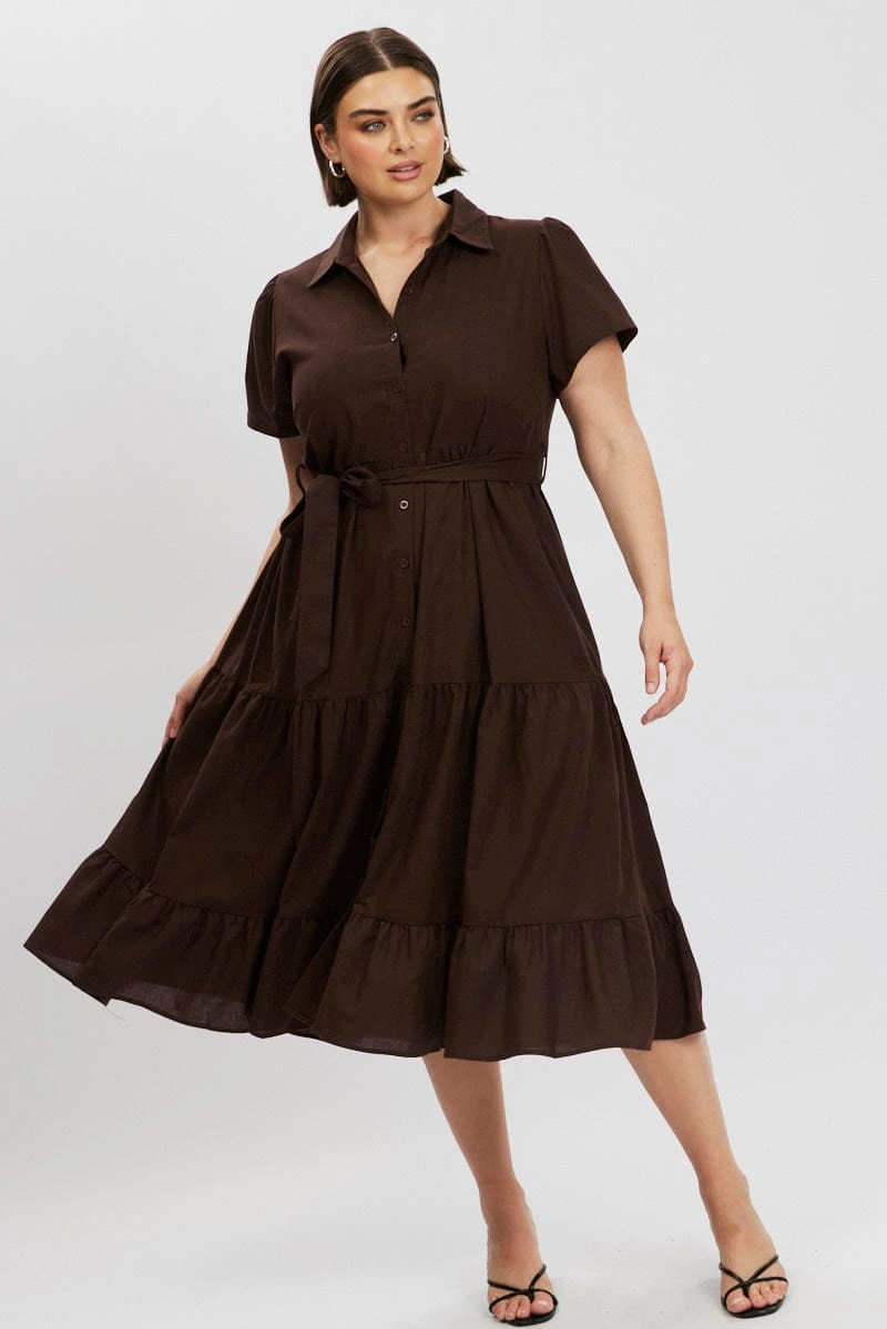 Brown Midi Dress Short Sleeve Shirt Smooth Surface