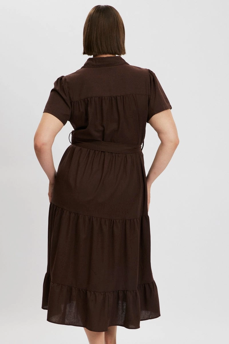 Brown Midi Dress Short Sleeve Shirt Timeless Fit Look Smart Fabric