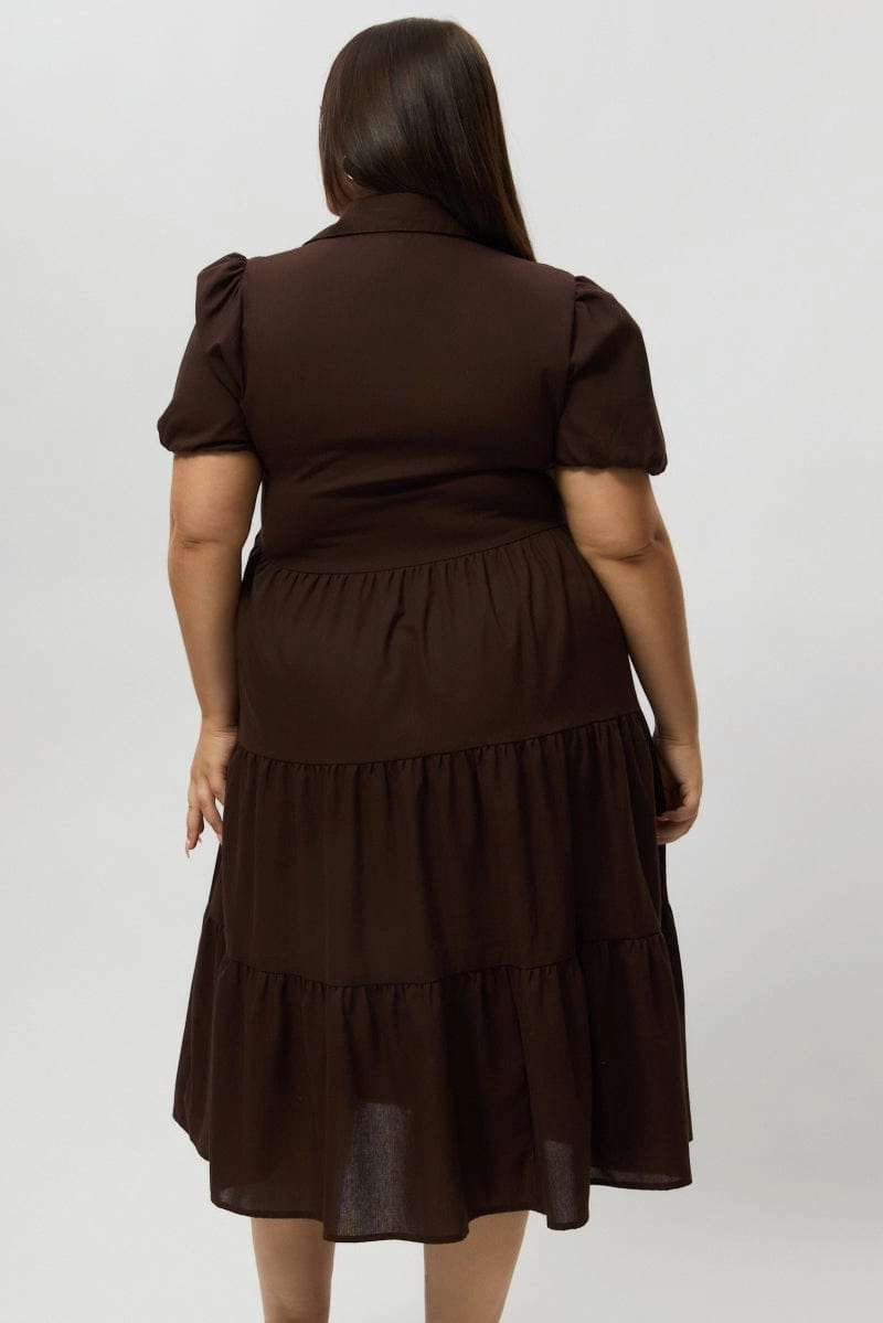 Brown Midi Dress Short Sleeve Shirt Trendy Waist Classic Appeal