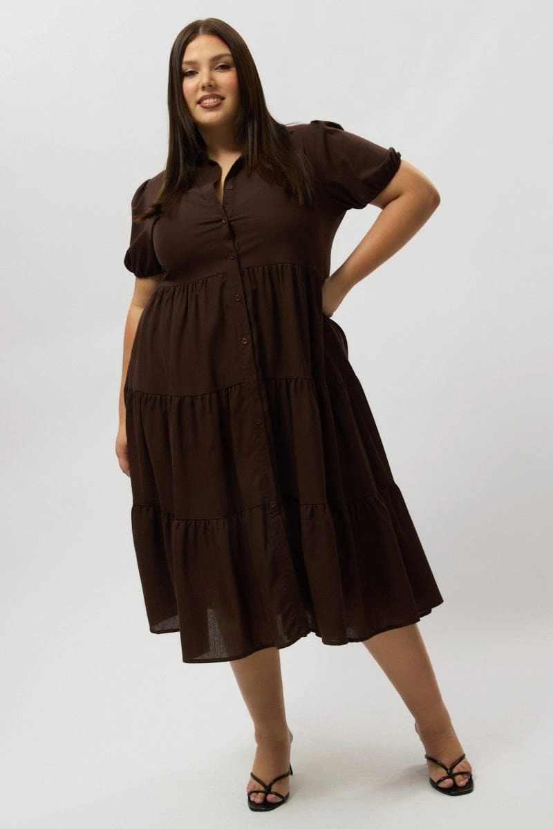 Soft Composition Evening Classic Brown Midi Dress Short Sleeve Shirt