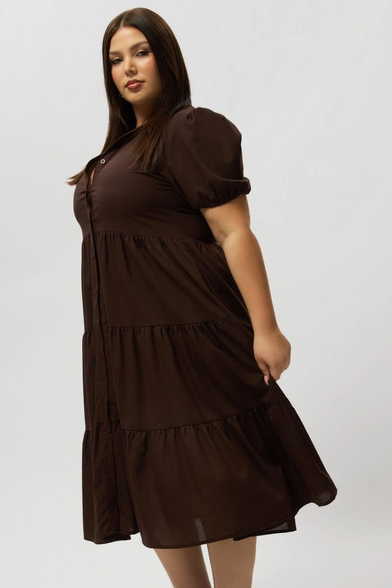 Power Soft Brown Midi Dress Short Sleeve Shirt