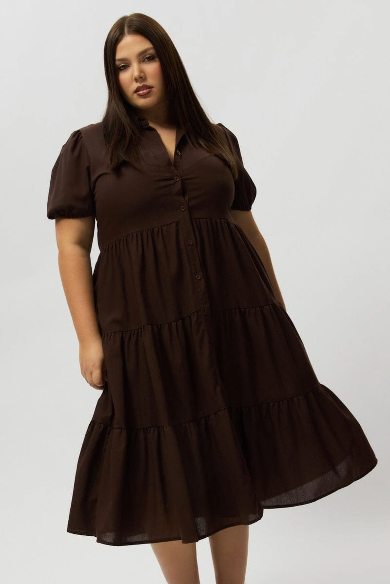 Elegant Look Brown Midi Dress Short Sleeve Shirt