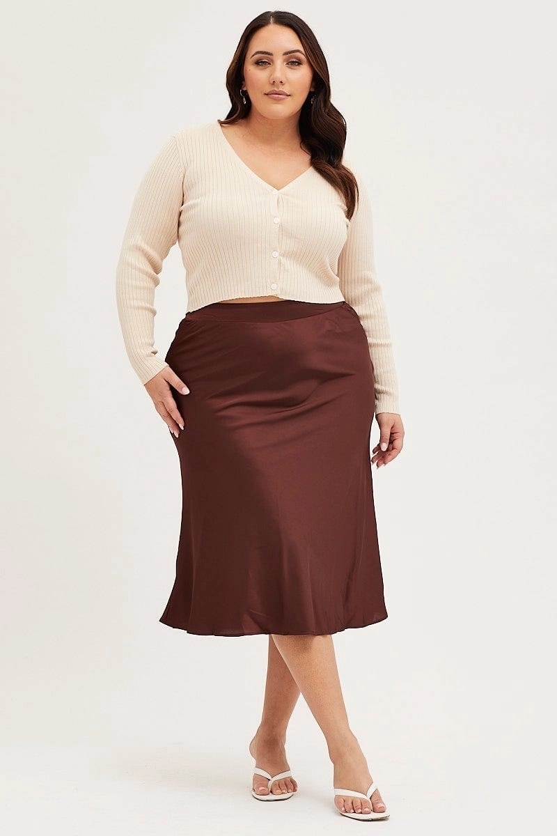 Brown Midi Satin Skirt Elastic Waist Chafe Resistant