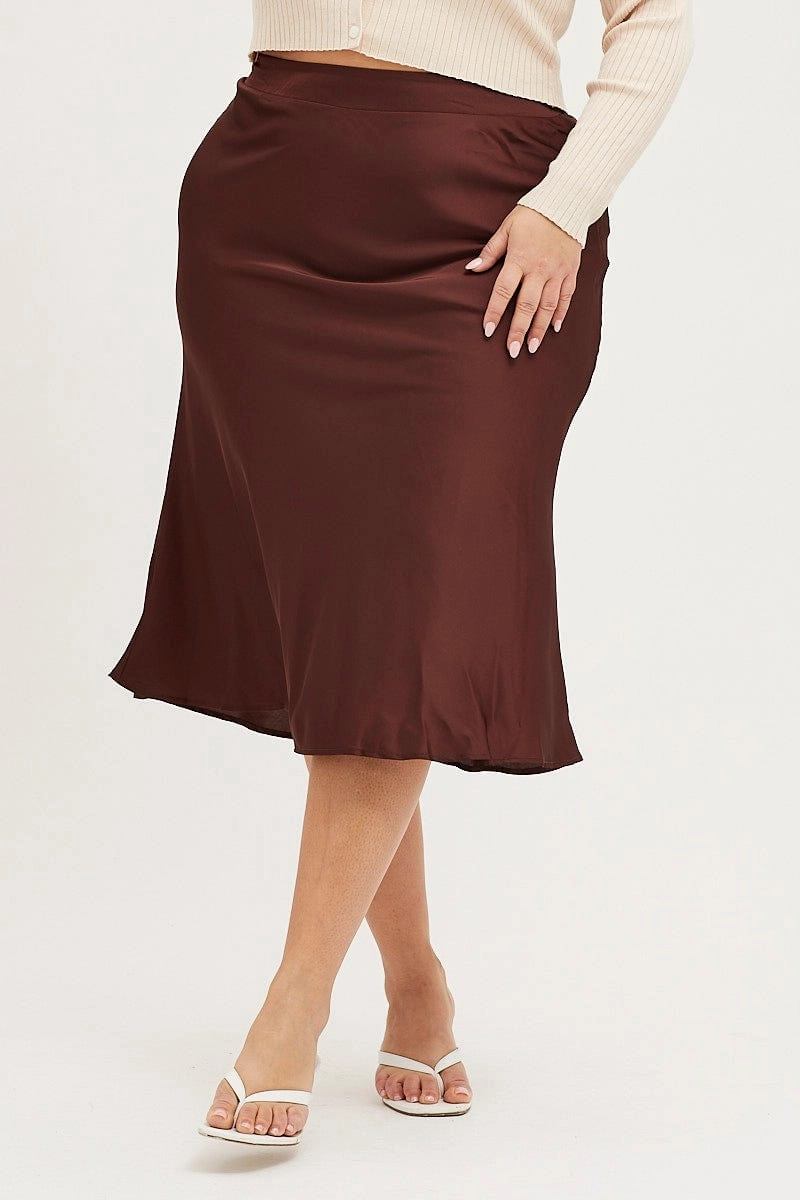Brown Midi Satin Skirt Elastic Waist High Elasticity Material