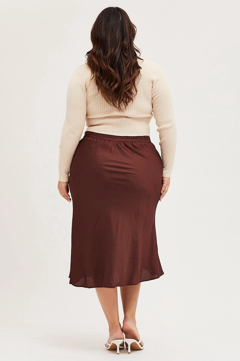 Brown Midi Satin Skirt Elastic Waist All Season