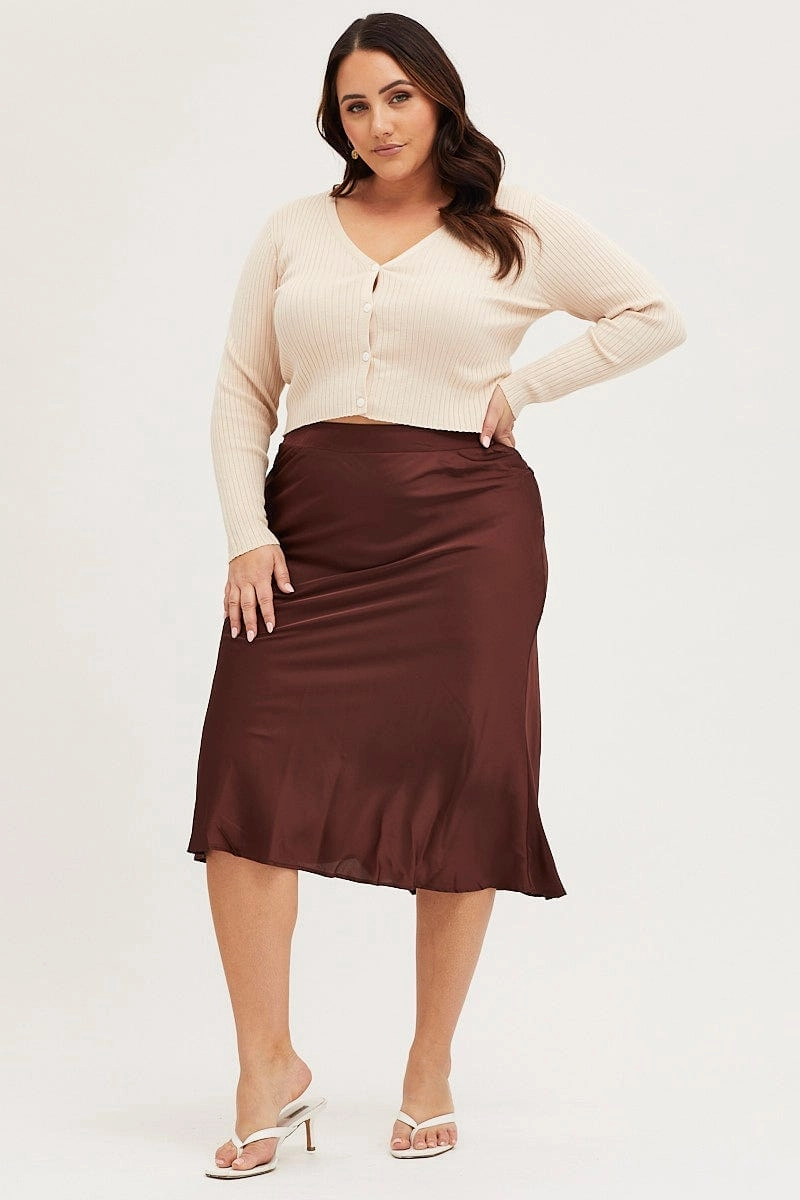 Brown Midi Satin Skirt Elastic Waist Outfit Ideas