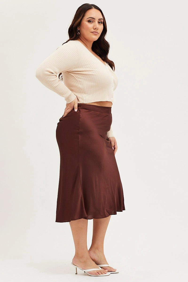 Cuffed hem Brown Midi Satin Skirt Elastic Waist