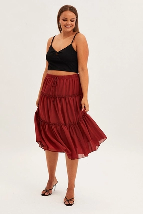 Brown Midi Skirt Elastic Waist Chiffon Frill Cool Touch Fit Choice