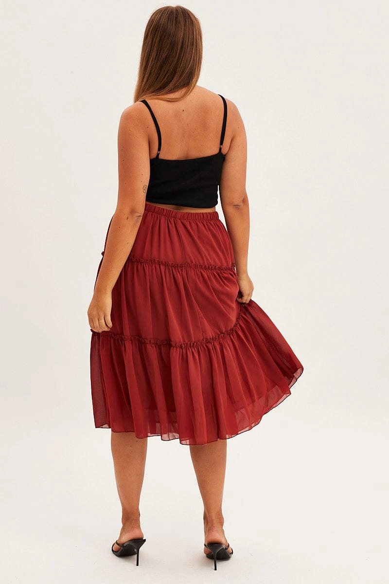 Timeless Piece Brown Midi Skirt Elastic Waist Chiffon Frill