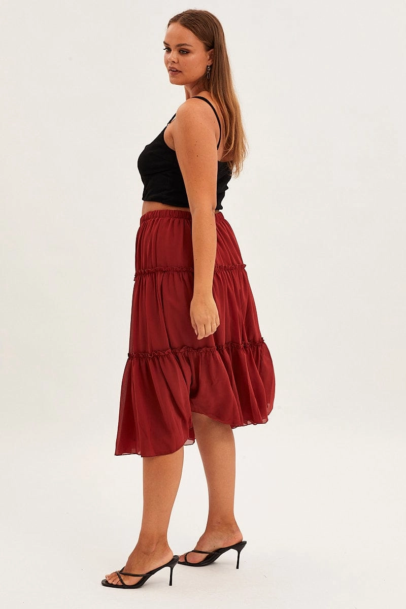 Comfy Wear Brown Midi Skirt Elastic Waist Chiffon Frill