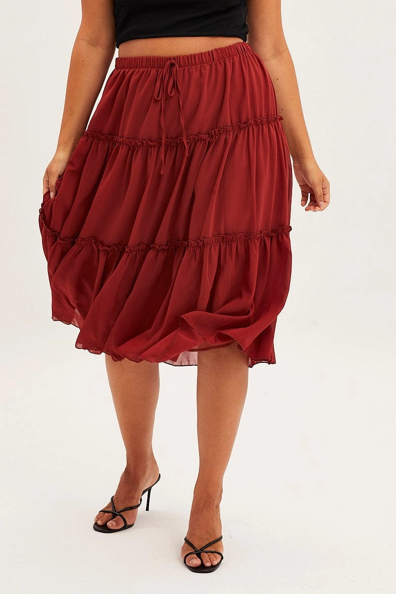 Brown Midi Skirt Elastic Waist Chiffon Frill Structured silhouette