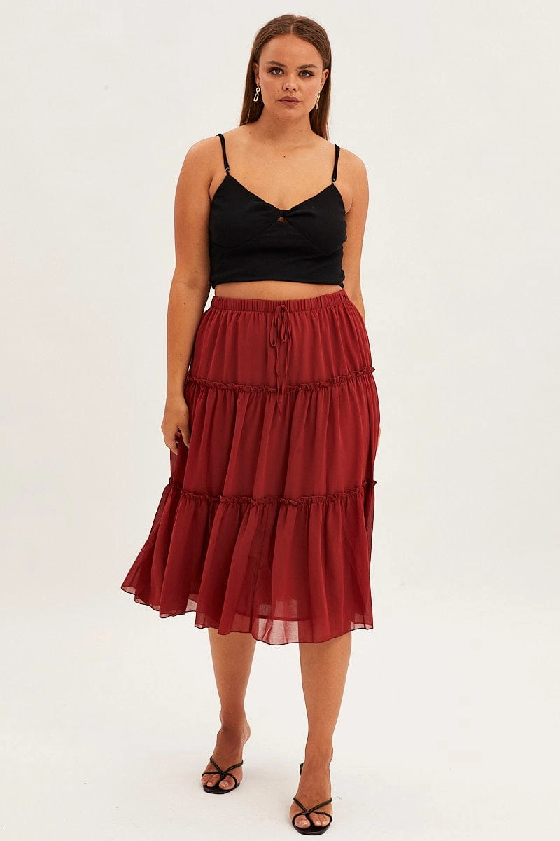 Textured Surface Leather Look Brown Midi Skirt Elastic Waist Chiffon Frill