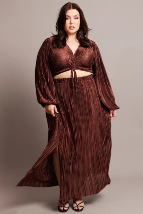 Brown Midi Skirt Side Split Plisse Suede Feel