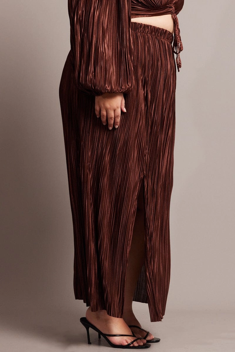 Brown Midi Skirt Side Split Plisse Chic casual