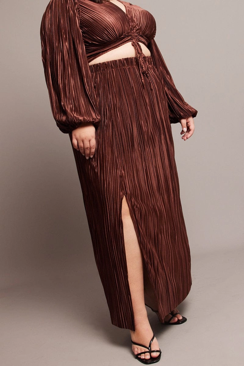 Brown Midi Skirt Side Split Plisse Non Restrictive Smooth Texture