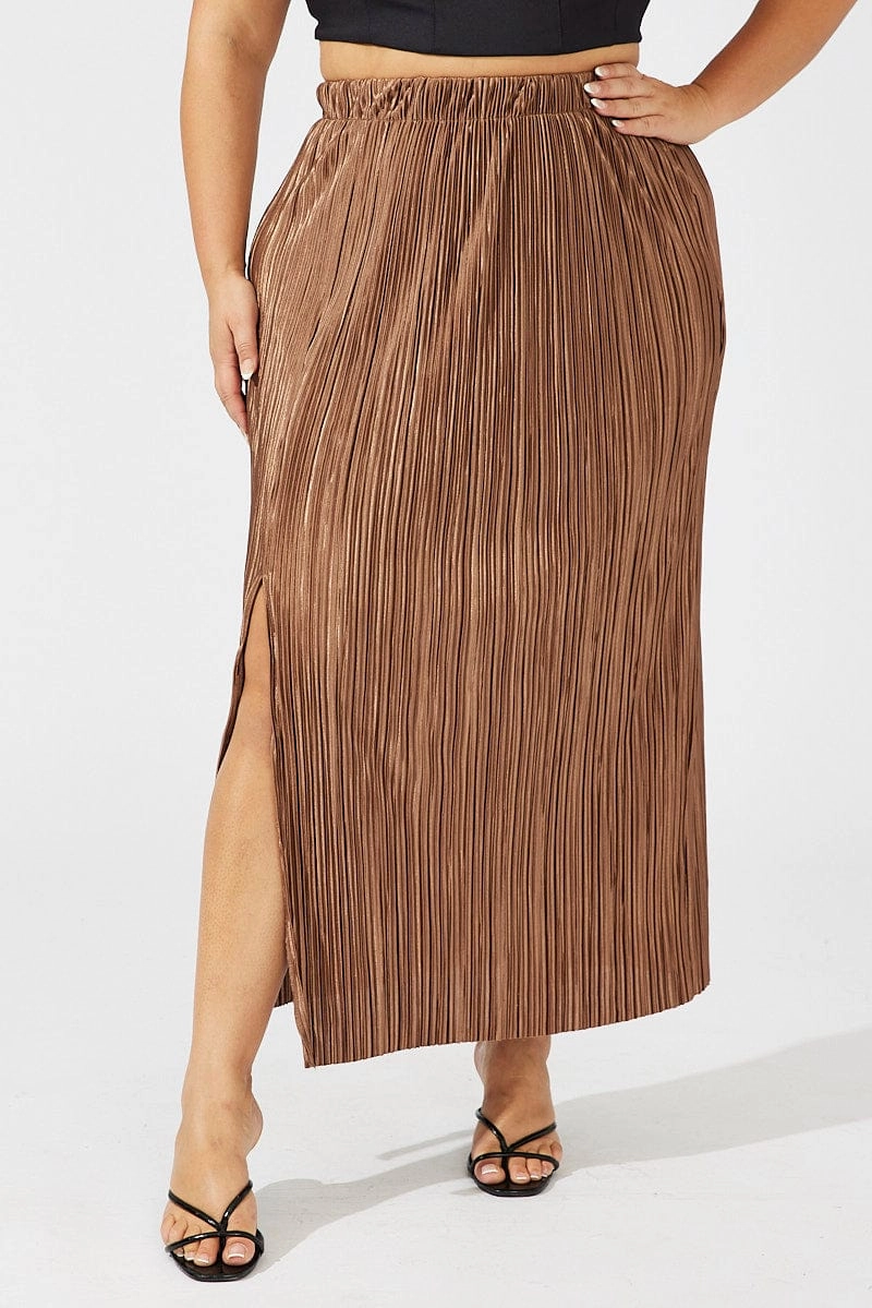 All Season Evening Outing Brown Midi Skirt Side Split Plisse