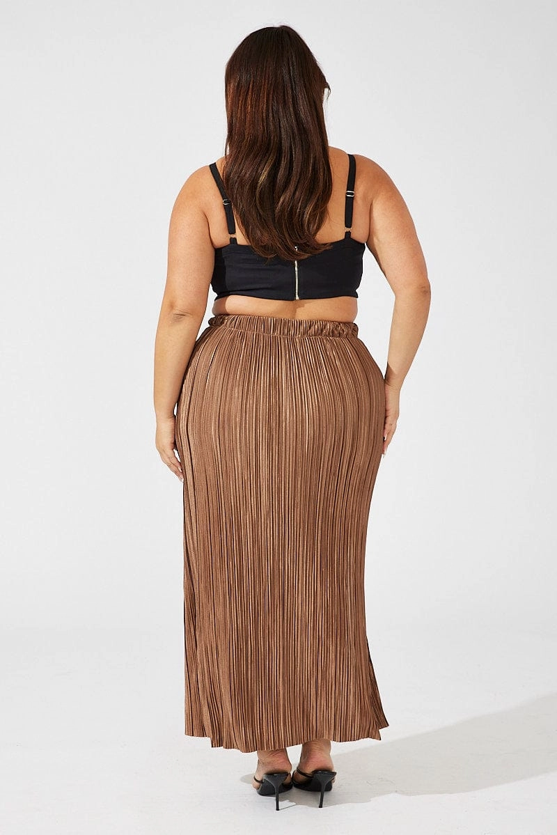 Brown Midi Skirt Side Split Plisse Polished Fit