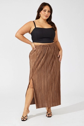 Brown Midi Skirt Side Split Plisse natural fiber Flexible Comfort