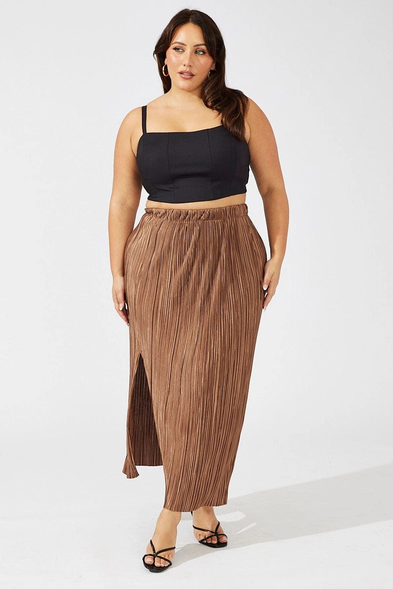 Brown Midi Skirt Side Split Plisse Refined Texture Polished Look