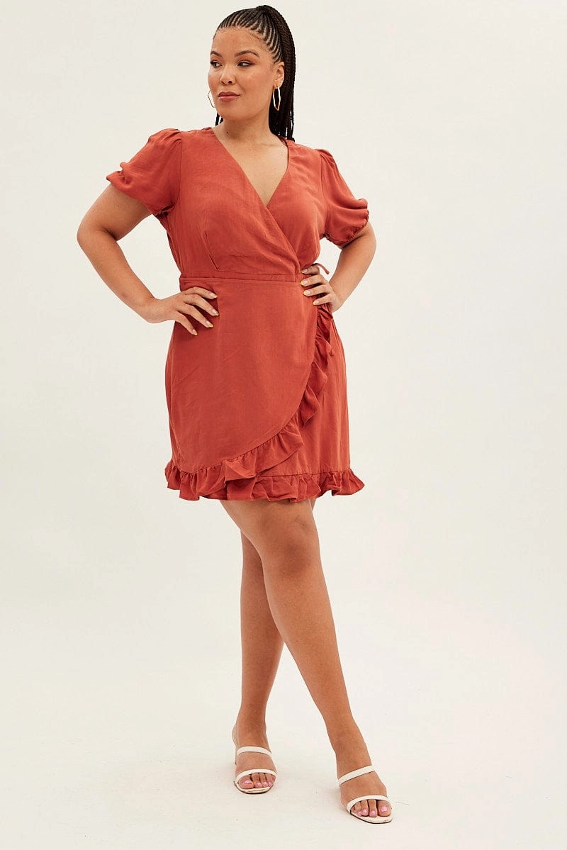 Brown Mini Dress Short Puff Sleeve Faux Wrap Flexible Cut