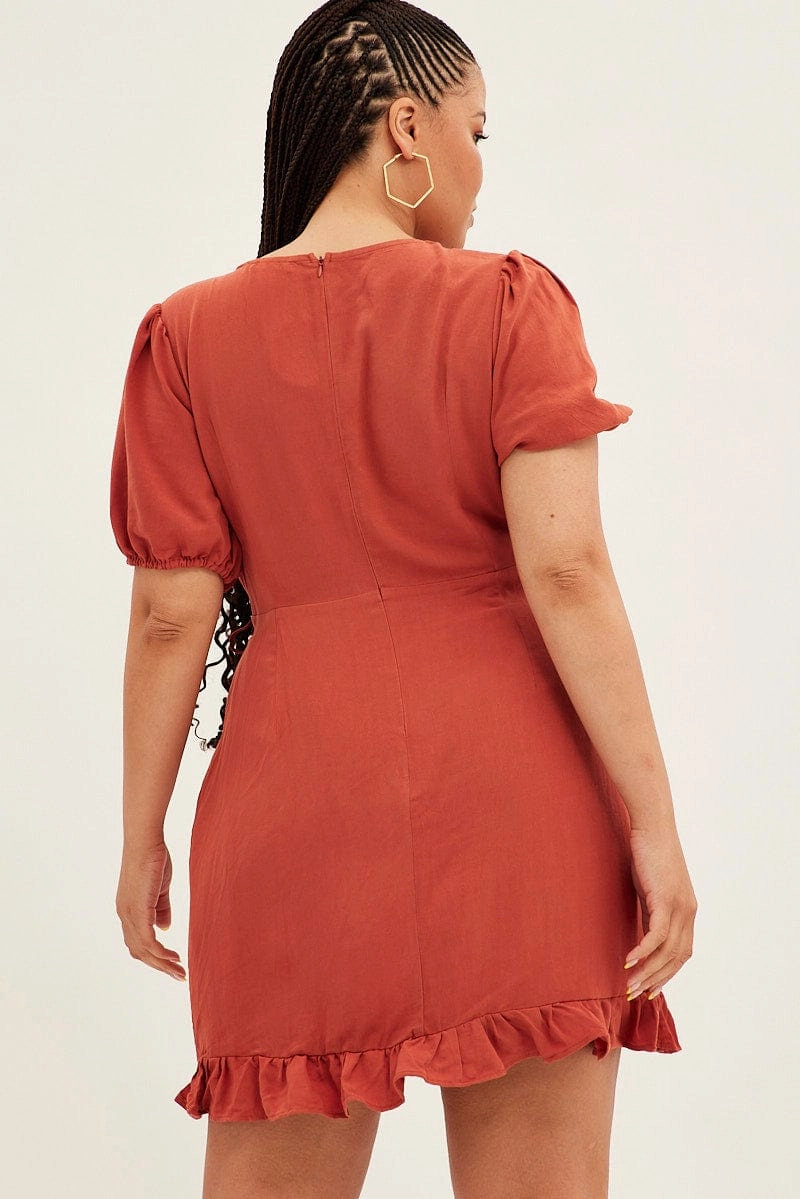 Layered Movement Luxe Comfort Brown Mini Dress Short Puff Sleeve Faux Wrap