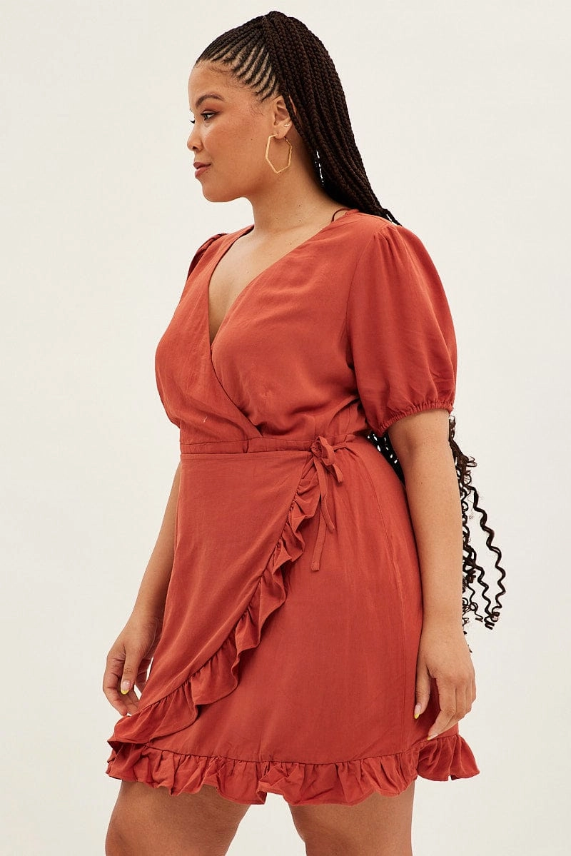 hypoallergenic Skirt Flare Brown Mini Dress Short Puff Sleeve Faux Wrap