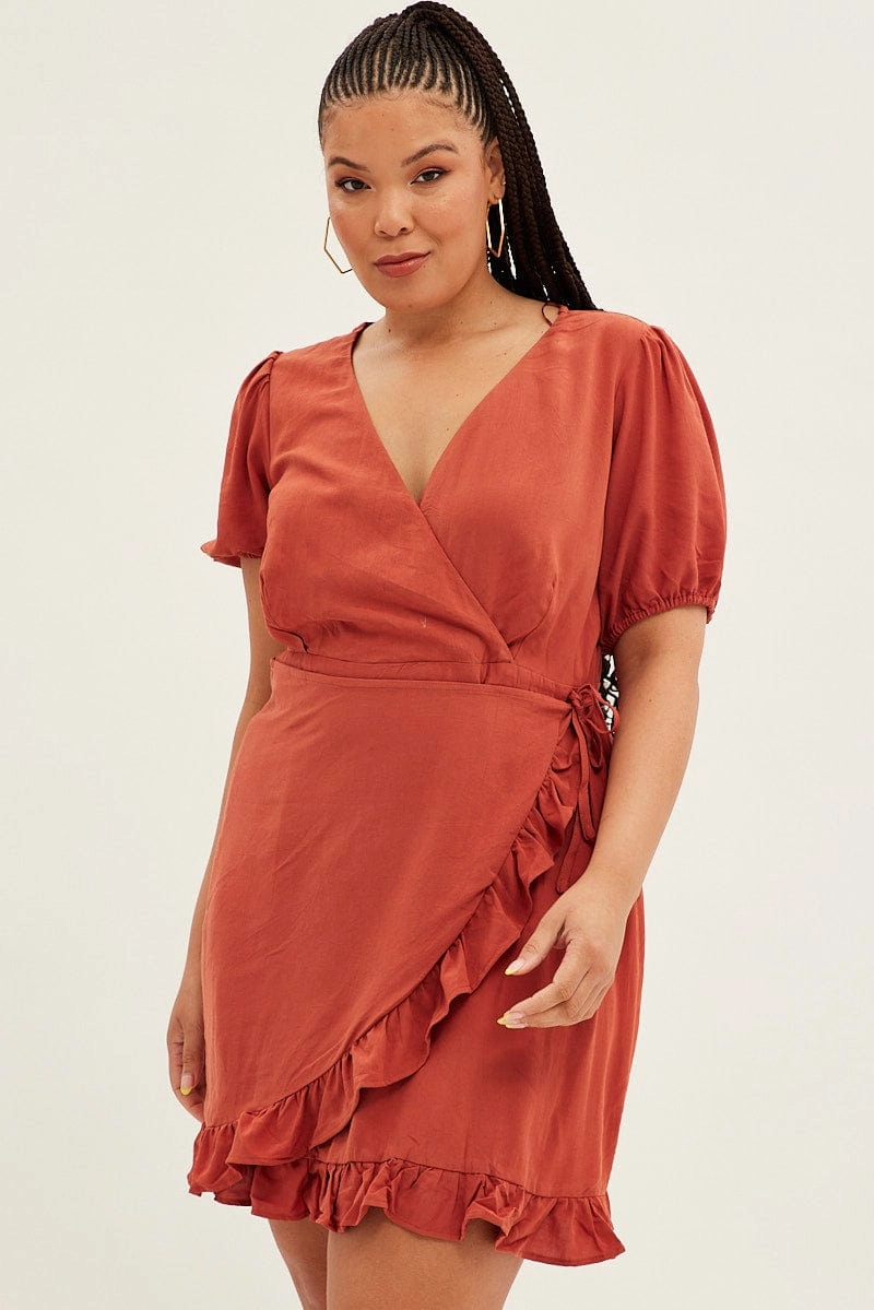 Sophisticated Fit Brown Mini Dress Short Puff Sleeve Faux Wrap