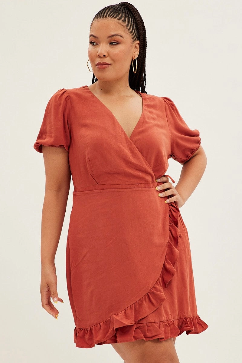 Dream Look Satin-Finish Brown Mini Dress Short Puff Sleeve Faux Wrap