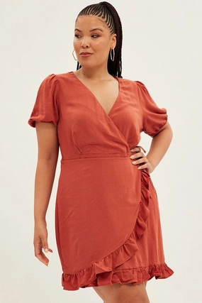 Dream Look Satin-Finish Brown Mini Dress Short Puff Sleeve Faux Wrap