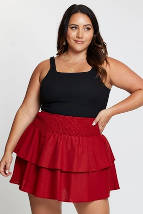 Brown Mini Skater Skirt Tie Curve Friendly Breezy Outfit