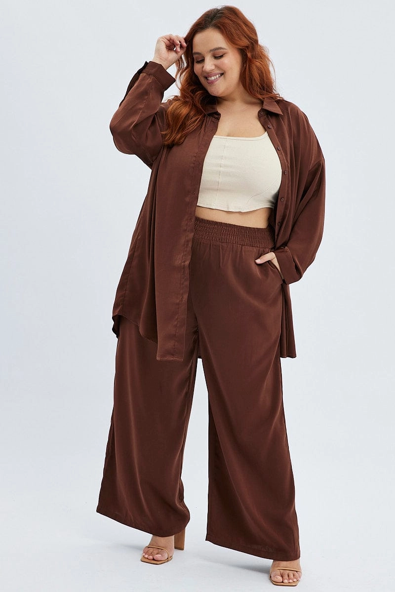 Workwear Style Plus size option Brown Oversized Shirt Satin Long Sleeve