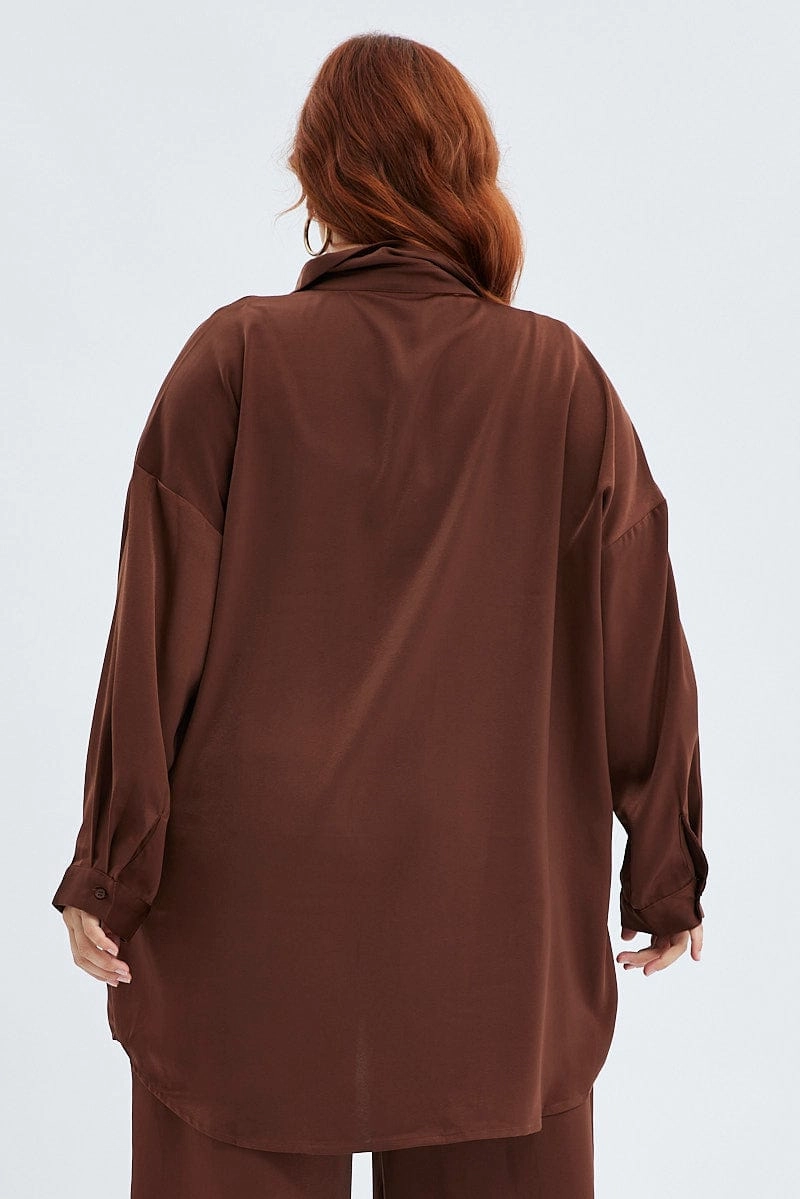 Vibrant Hue Brown Oversized Shirt Satin Long Sleeve