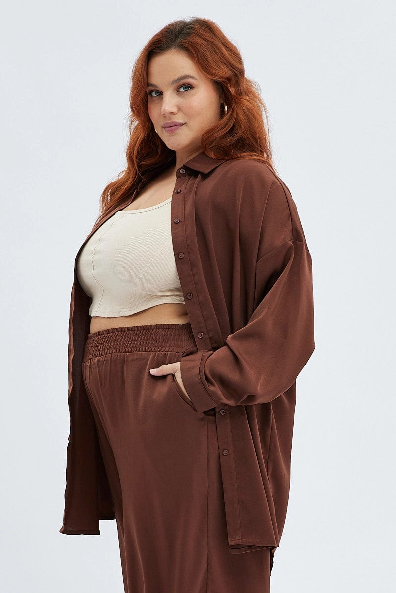 Brown Oversized Shirt Satin Long Sleeve Vintage Style Date night
