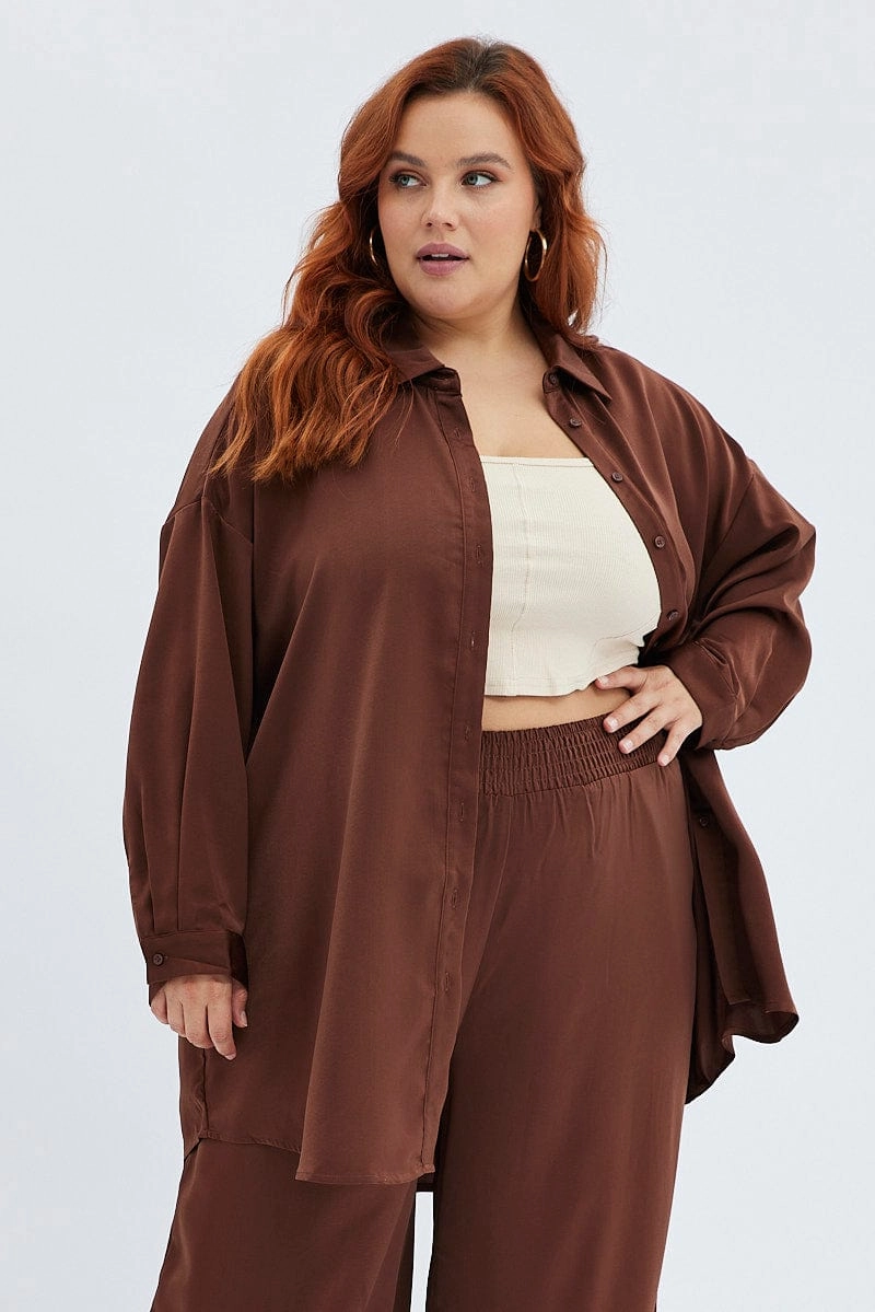 Brown Oversized Shirt Satin Long Sleeve Casual Design Casual Chic