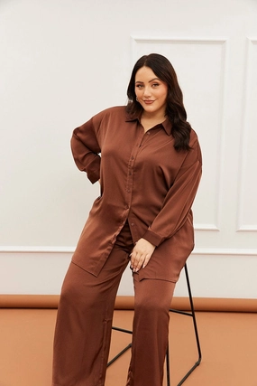 Vibrant color Polished Finish Brown Oversized Shirt Satin Long Sleeve