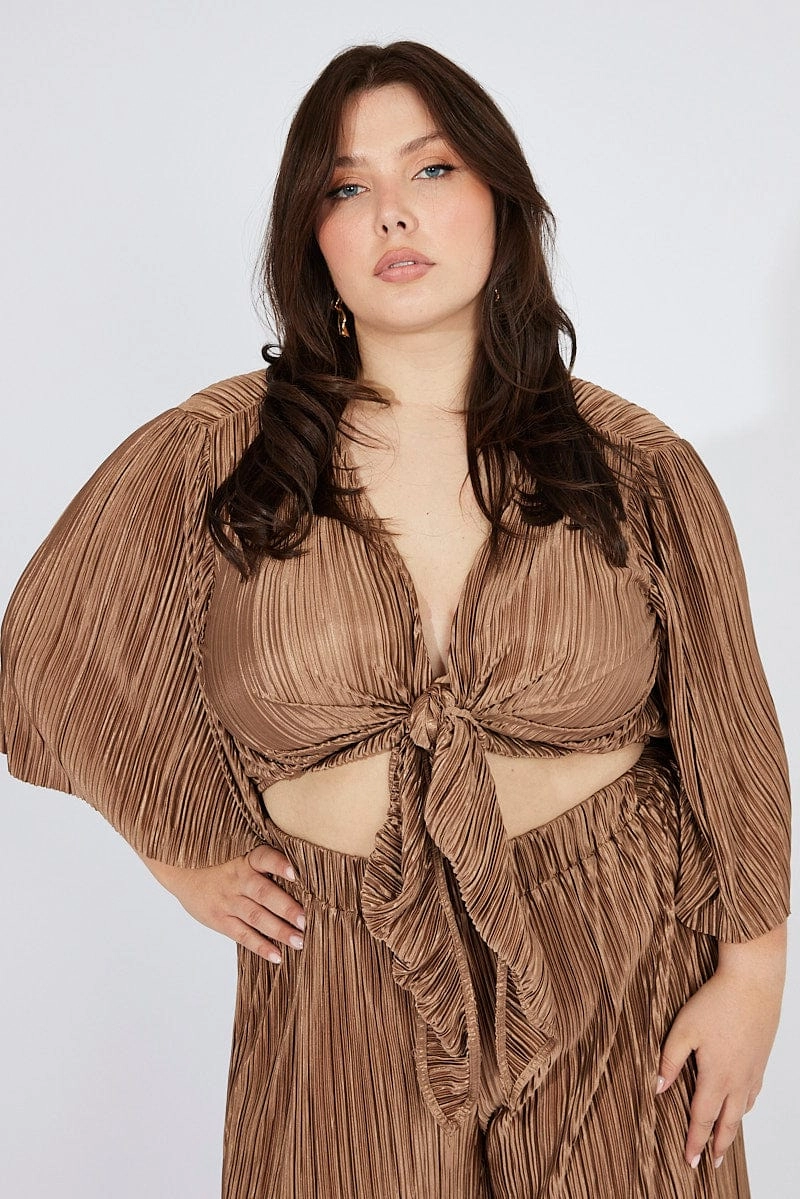 Moisture Wicking Fabric Brown Plisse Satin Flare Sleeve Tie Bolero Top