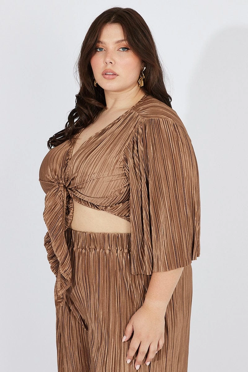 Brown Plisse Satin Flare Sleeve Tie Bolero Top Tear Resistant