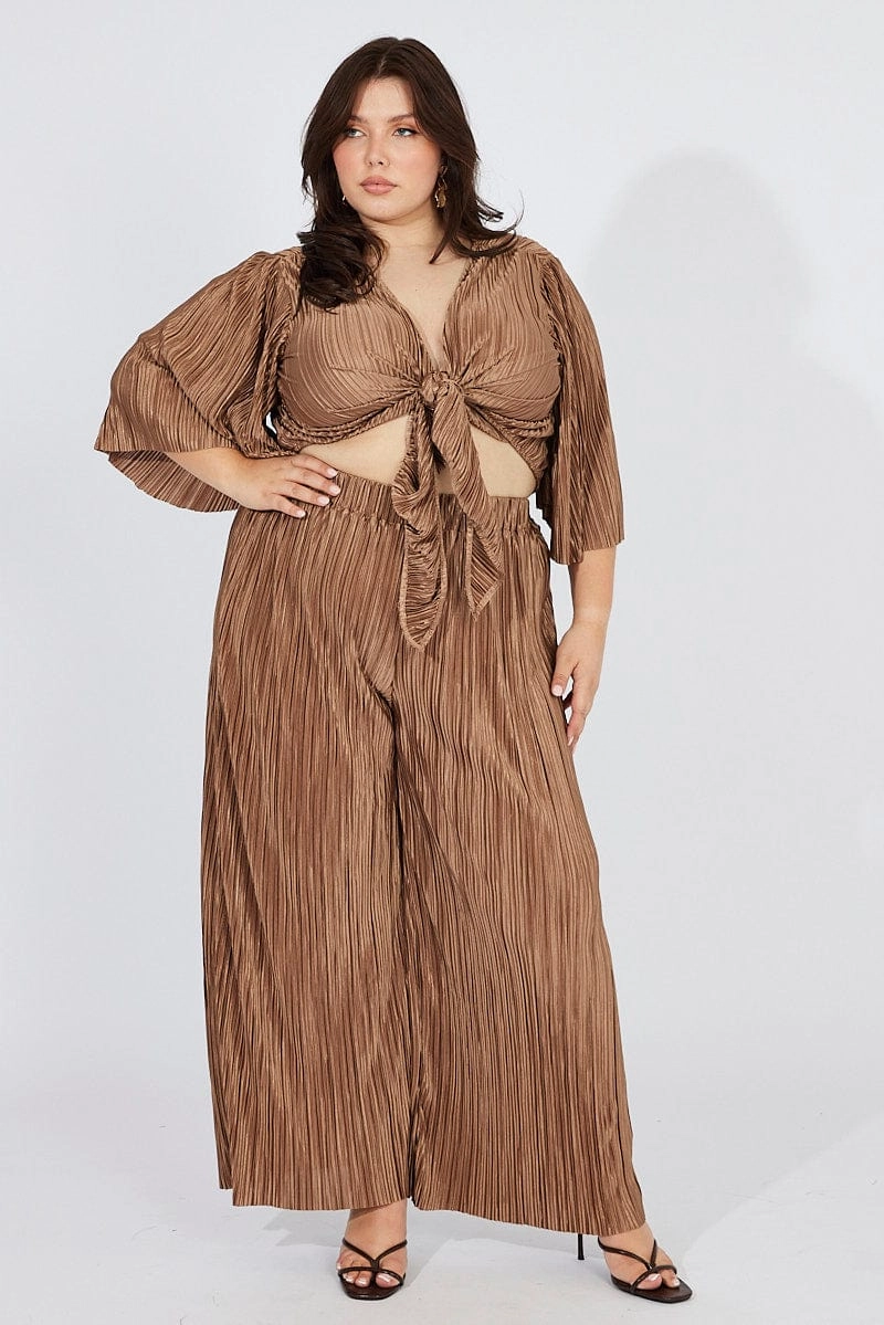 Brown Plisse Satin Flare Sleeve Tie Bolero Top Primaloft Insulation Double Layer Protection