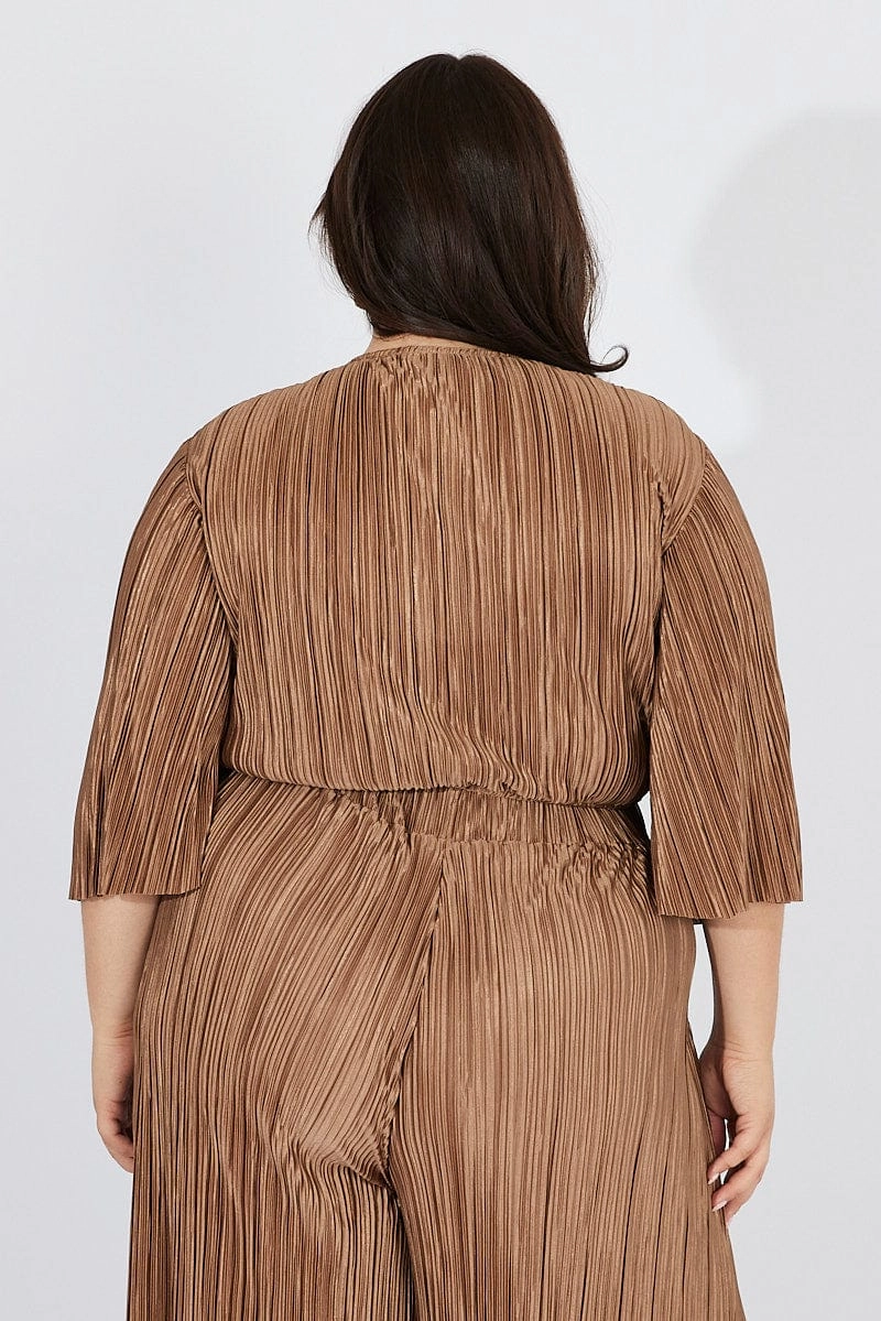 Brown Plisse Satin Flare Sleeve Tie Bolero Top Compression Storage Multi Pocket System