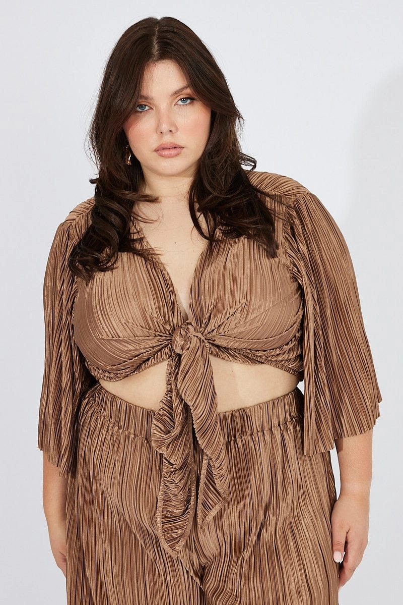Noise Free Material Brown Plisse Satin Flare Sleeve Tie Bolero Top