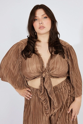Moisture Wicking Fabric Brown Plisse Satin Flare Sleeve Tie Bolero Top