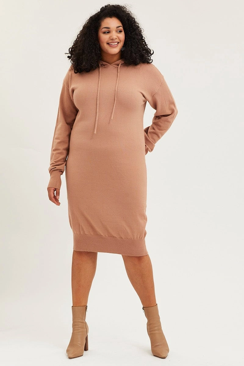 Comfy Look Layer Safe Brown Plus Long Sleeve Hoodie Knit Dress