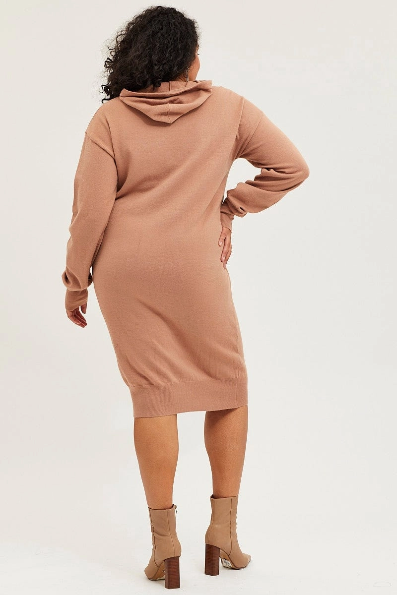 Day To Night Fit for All Seasons Brown Plus Long Sleeve Hoodie Knit Dress