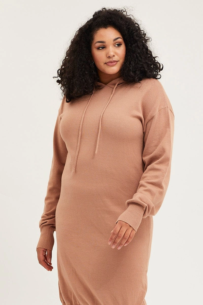 Coral Soft Lounge Comfort Brown Plus Long Sleeve Hoodie Knit Dress